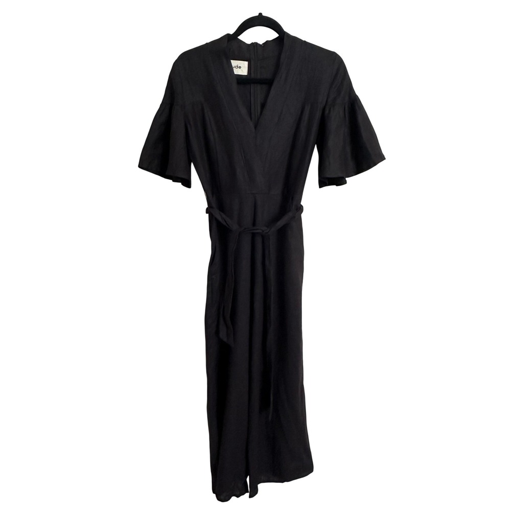 Claude Tulum Black 100% Linen V-Neck Bell Sleeve Wide Leg Jumpsuit Size One